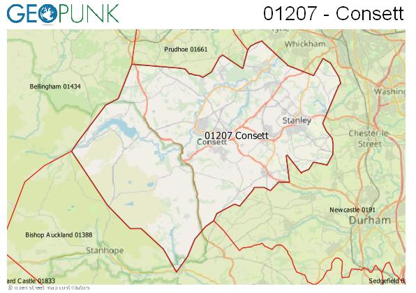 Map of the Consett area code