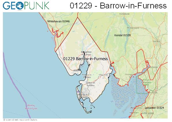 Map of the Barrow-in-Furness, Millom area code