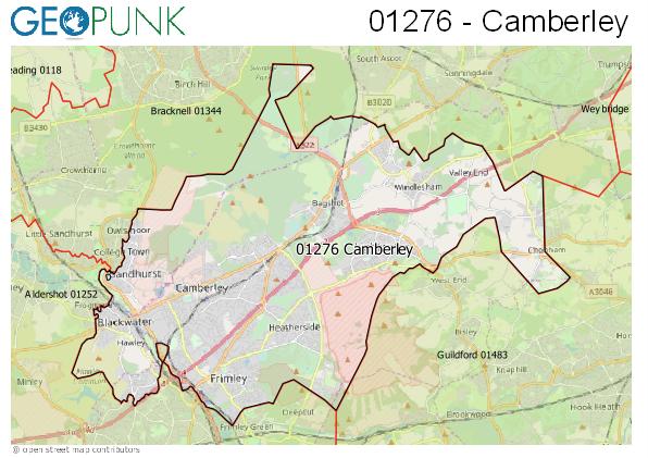 Map of the Camberley area code