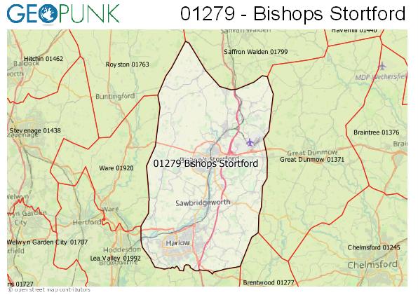 Map of the Bishops Stortford area code