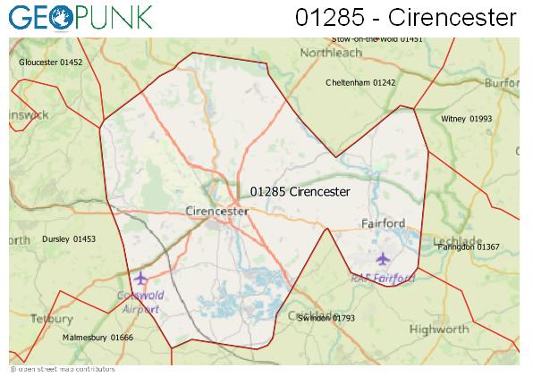 Map of the Cirencester area code