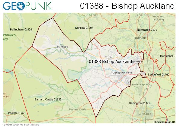 Map of the Bishop Auckland, Stanhope area code