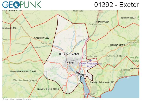 Map of the Exeter area code