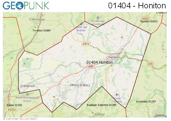 Map of the Honiton area code