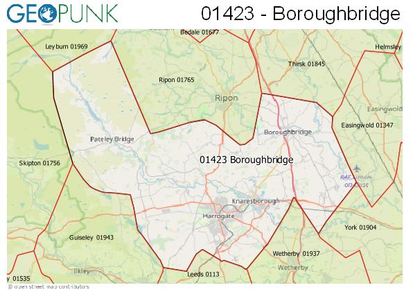 Map of the Boroughbridge, Harrogate area code