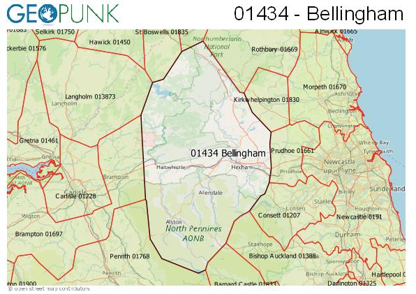 Map of the Bellingham, Haltwhistle, Hexham area code