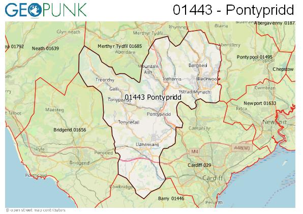 Map of the Pontypridd area code