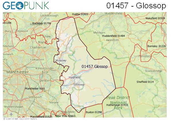 Map of the Glossop area code