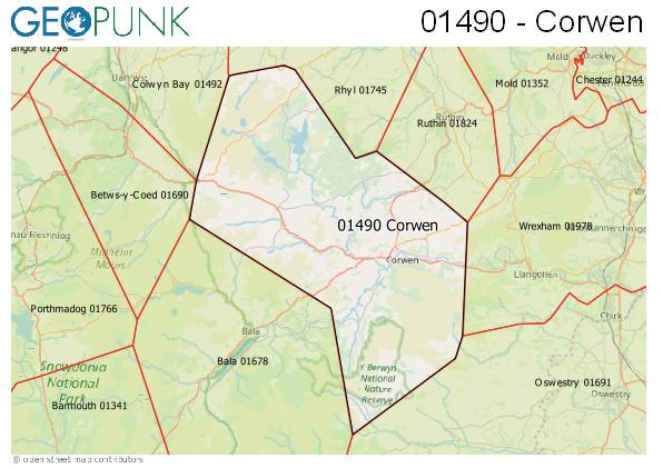 Map of the Corwen area code
