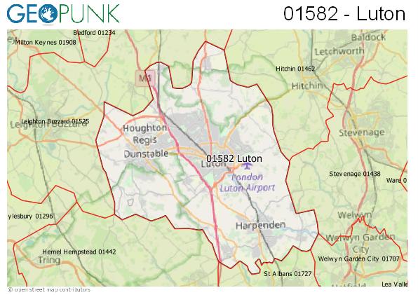 Map of the Luton area code
