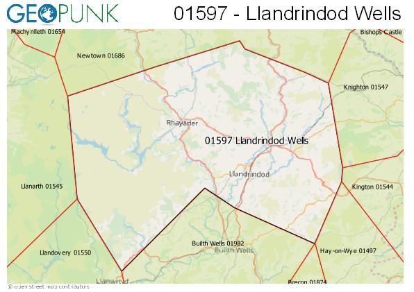 Map of the Llandrindod Wells area code