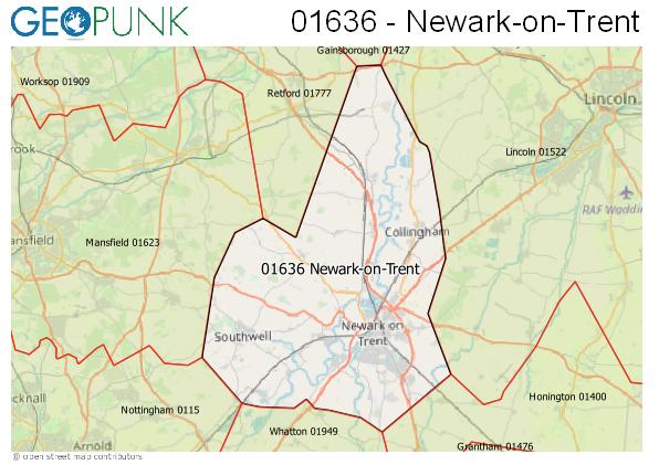 Map of the Newark-on-Trent area code