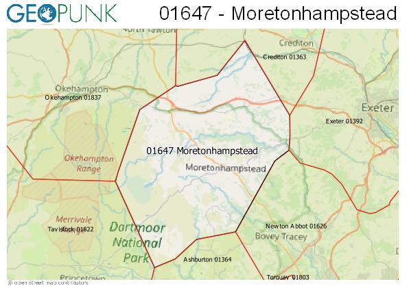 Map of the Moretonhampstead area code