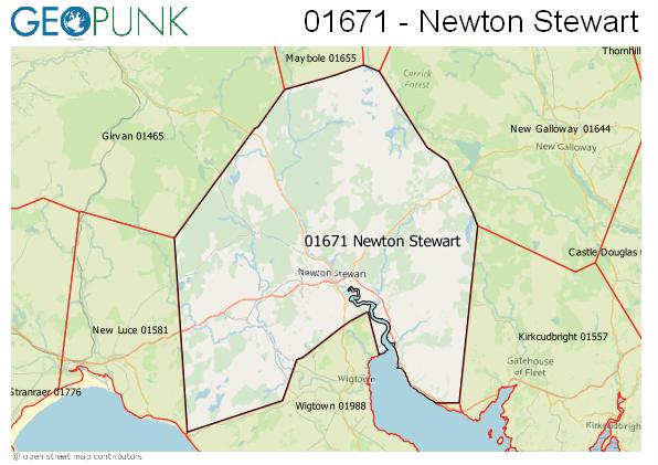 Map of the Newton Stewart area code