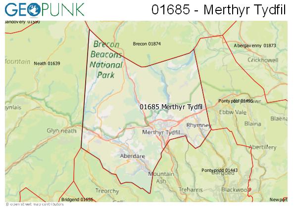 Map of the Merthyr Tydfil area code