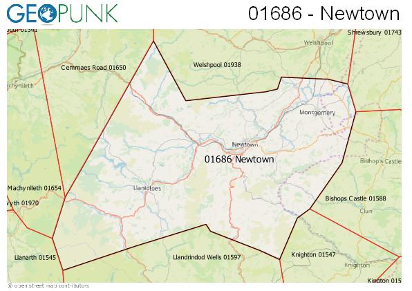 Map of the Llanidloes, Newtown area code