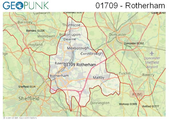 Map of the Rotherham area code