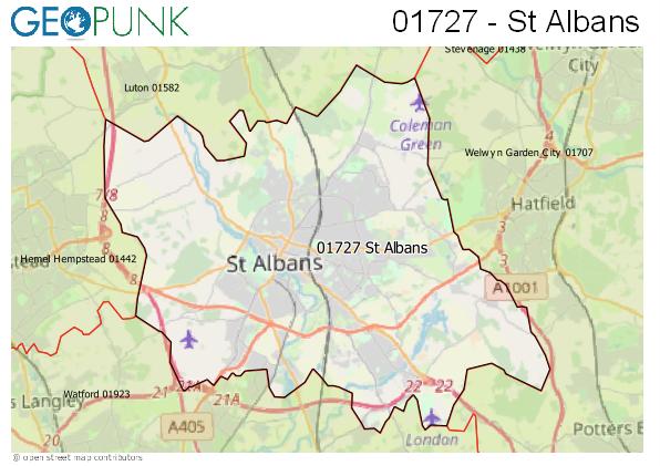 Map of the St Albans area code