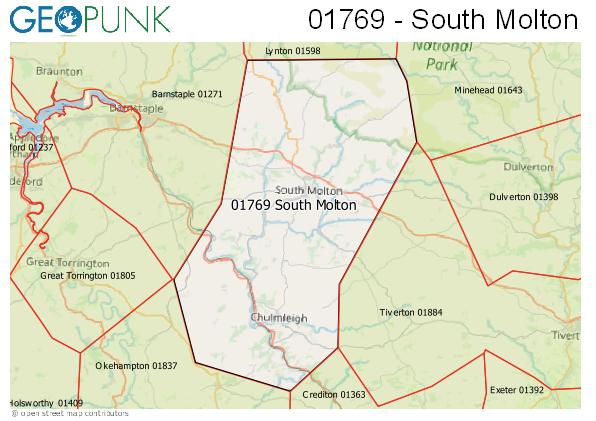 Map of the South Molton area code