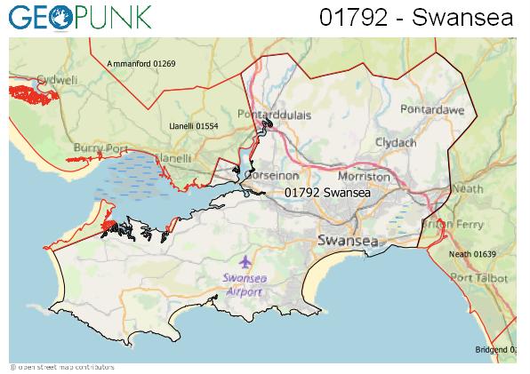 Map of the Swansea area code