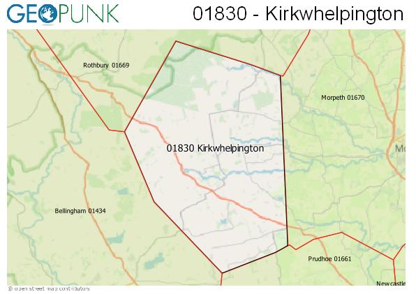 Map of the Kirkwhelpington area code