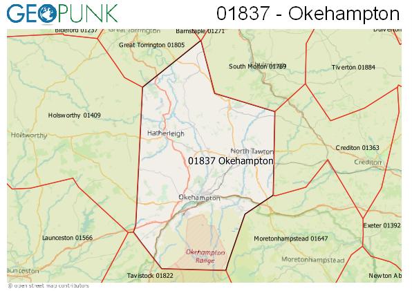 Map of the Okehampton area code