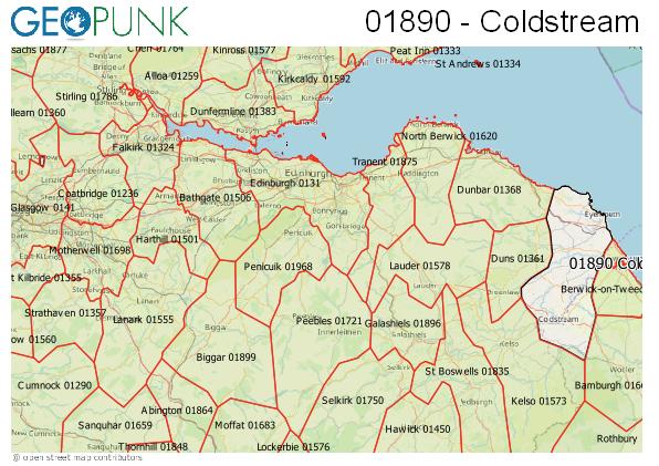 Map of the Ayton, Coldstream area code
