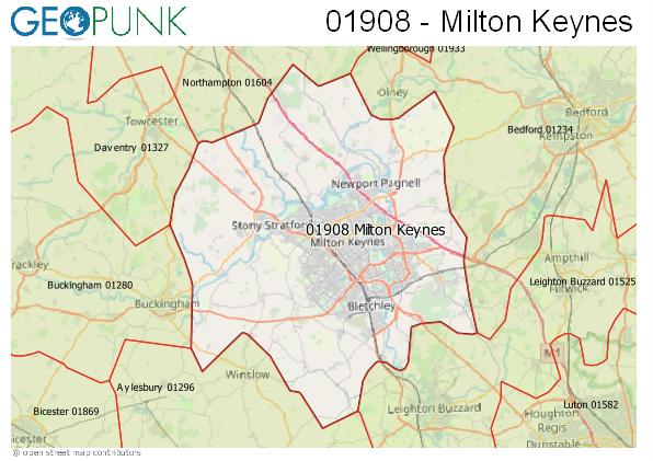 Map of the Milton Keynes area code