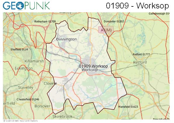 Map of the Worksop area code