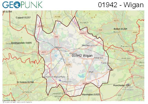 Map of the Wigan area code