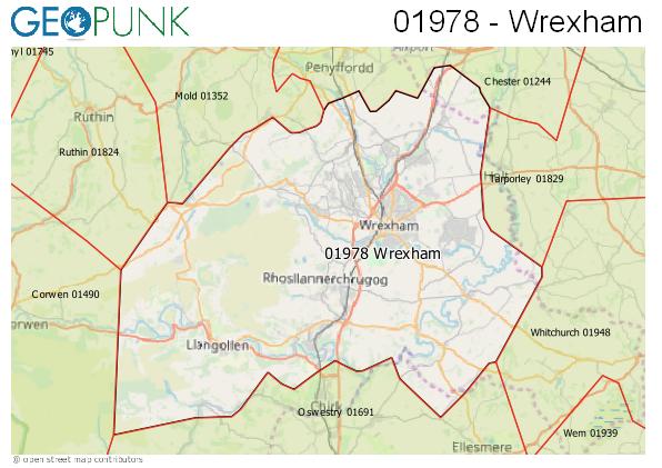 Map of the Wrexham area code