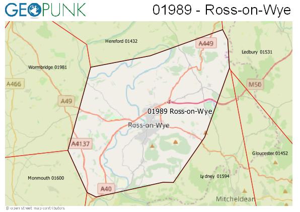 Map of the Ross-on-Wye area code