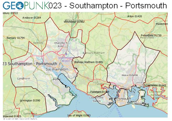 Map of the Southampton, Portsmouth area code