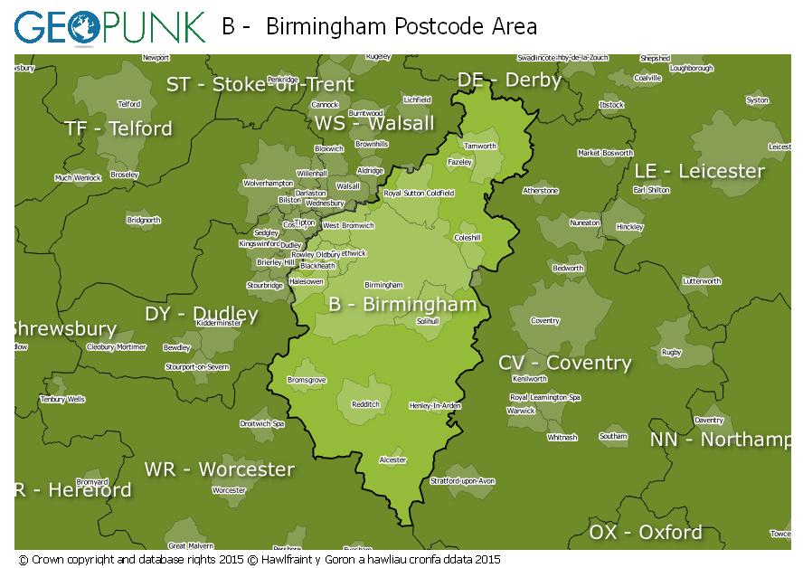 map of the B  Birmingham postcode area