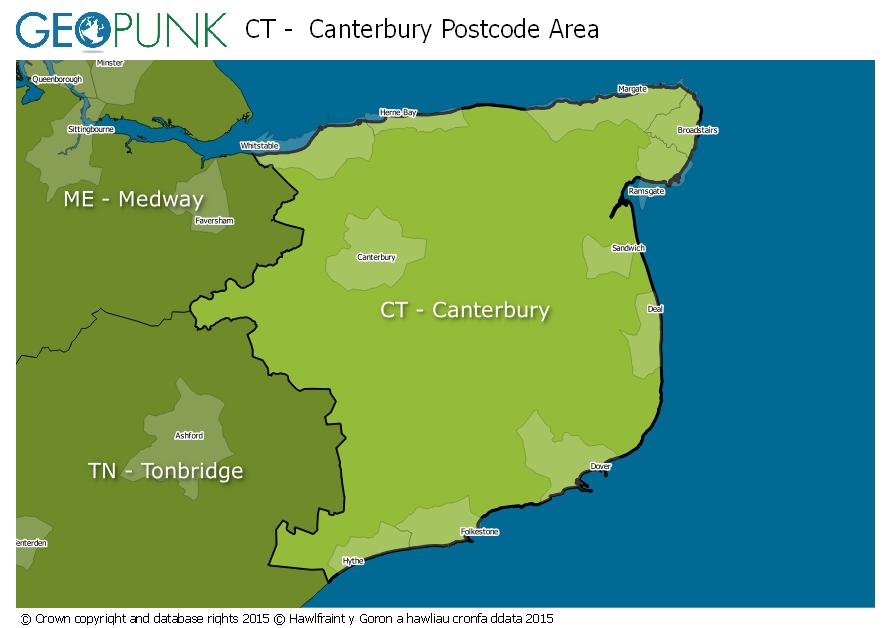 map of the CT  Canterbury postcode area