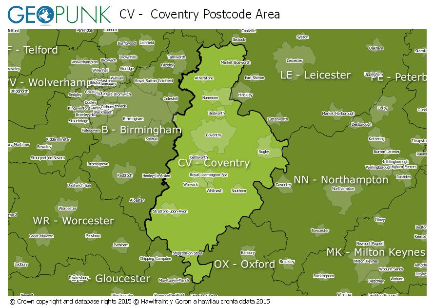 map of the CV  Coventry postcode area