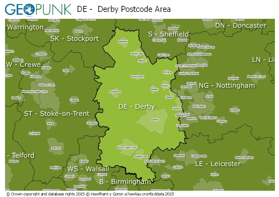 map of the DE  Derby postcode area