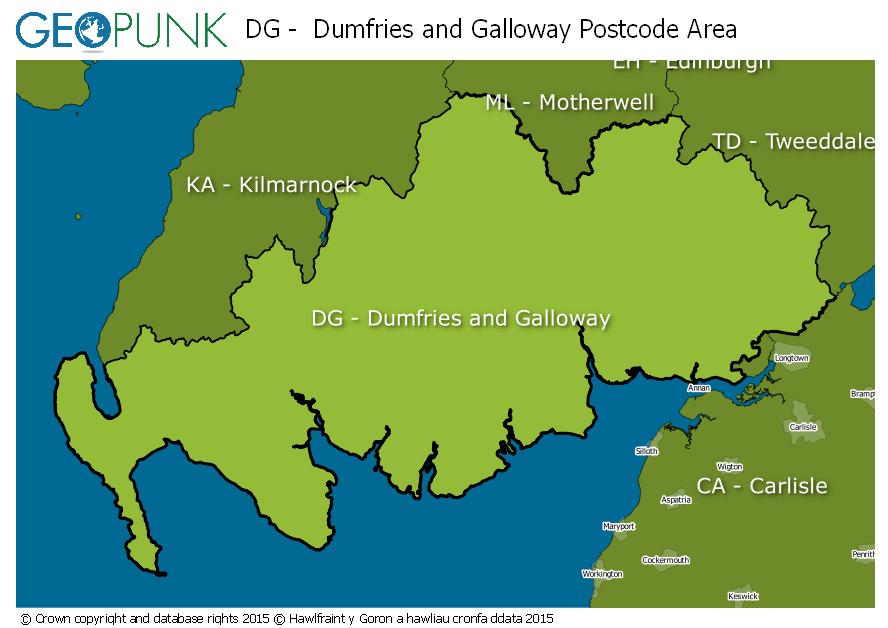 map of the DG  Dumfries and Galloway postcode area