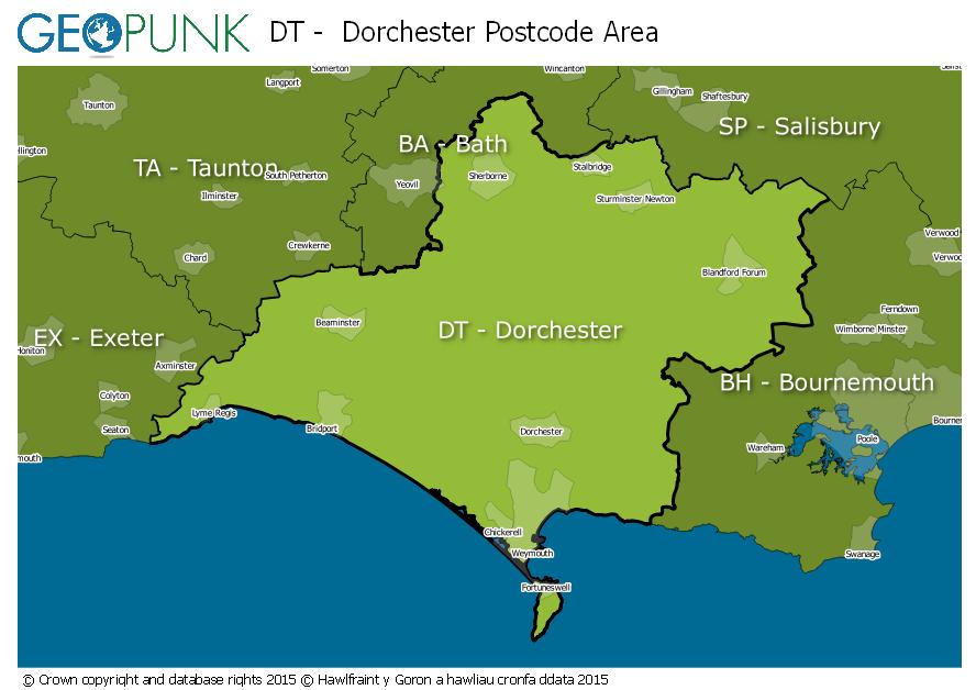 map of the DT  Dorchester postcode area
