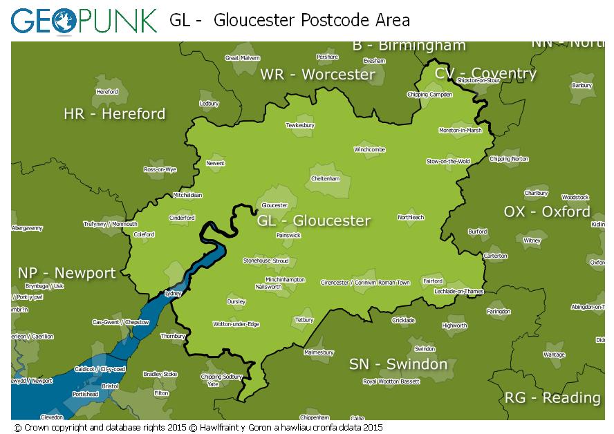 map of the GL  Gloucester postcode area