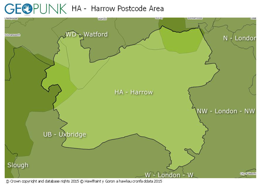 map of the HA  Harrow postcode area