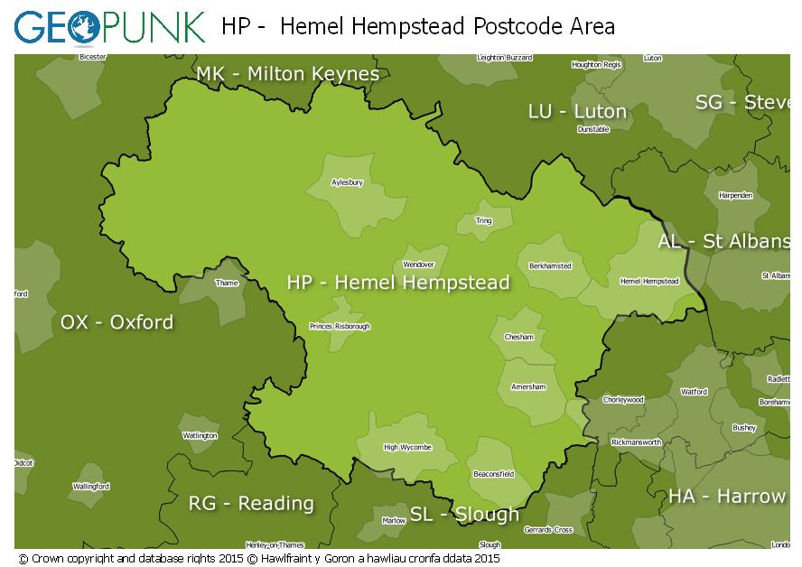 map of the HP  Hemel Hempstead postcode area
