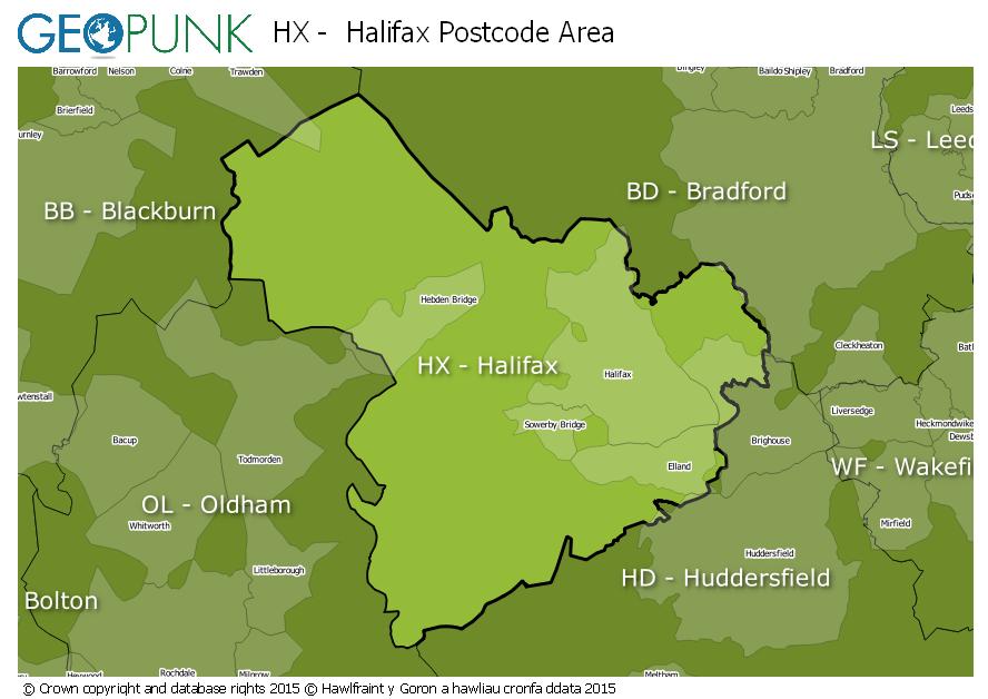 map of the HX  Halifax postcode area