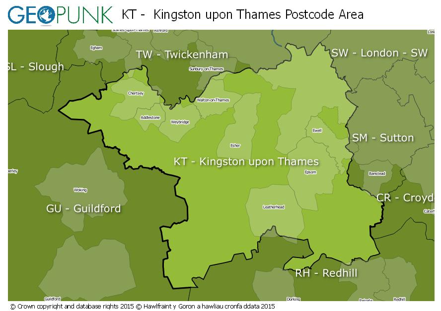 map of the KT  Kingston upon Thames postcode area