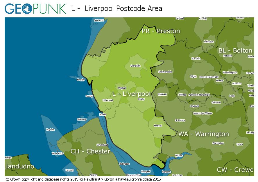 map of the L  Liverpool postcode area