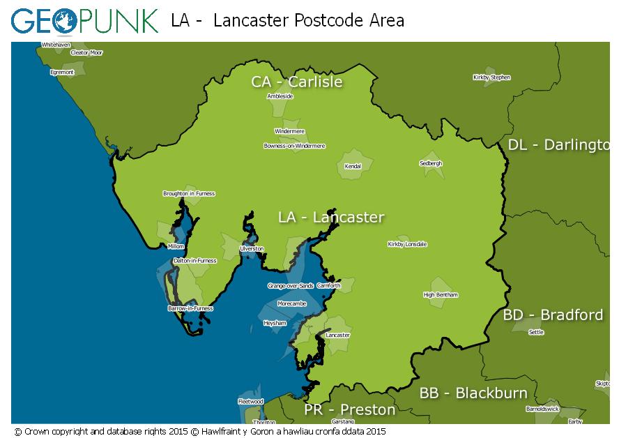 map of the LA  Lancaster postcode area