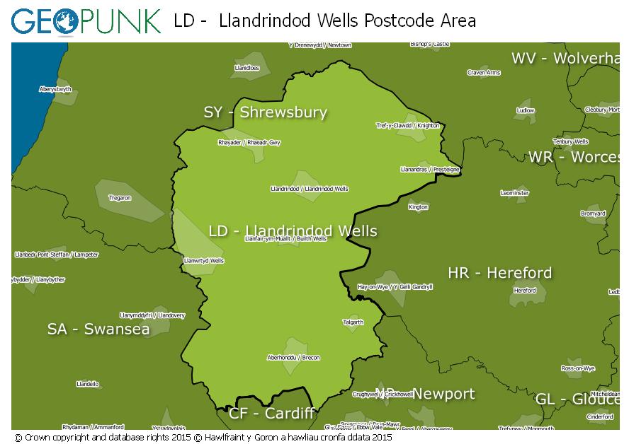 map of the LD  Llandrindod Wells postcode area