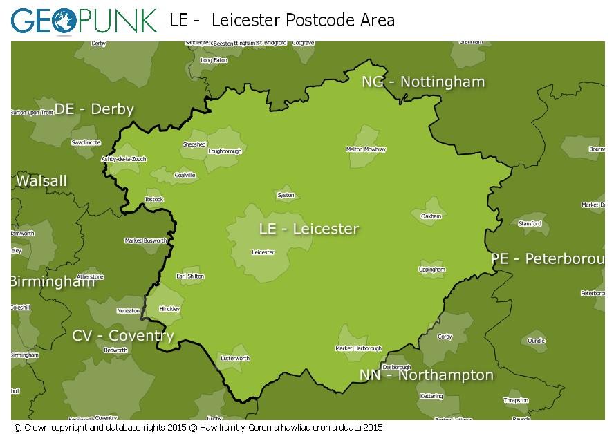 map of the LE  Leicester postcode area