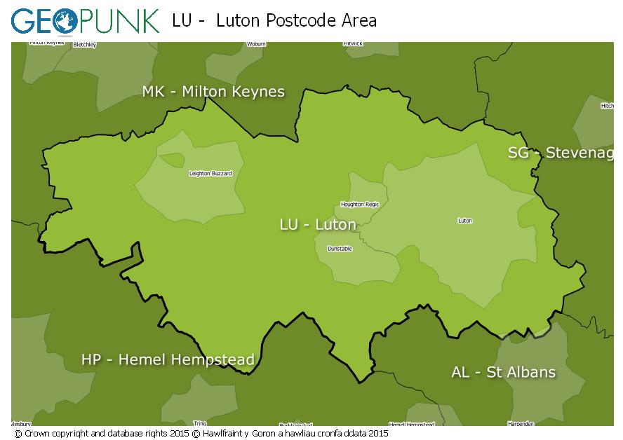 map of the LU  Luton postcode area