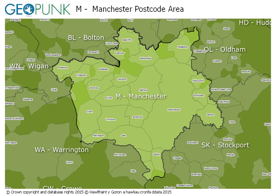 map of the M  Manchester postcode area